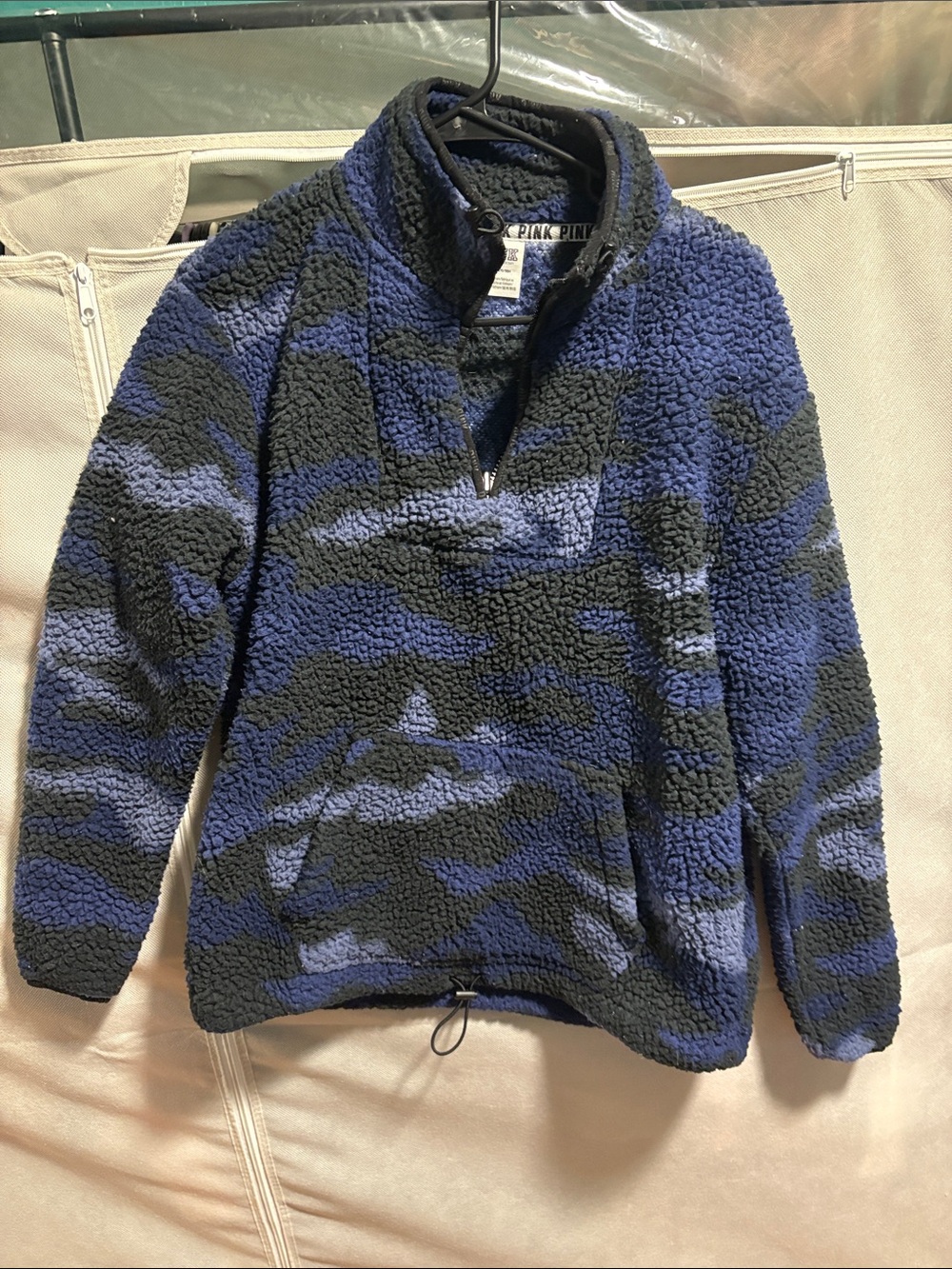 Victoria's Secret PINK Women’s Blue and Black Sherpa Quarter-Zip Pullover